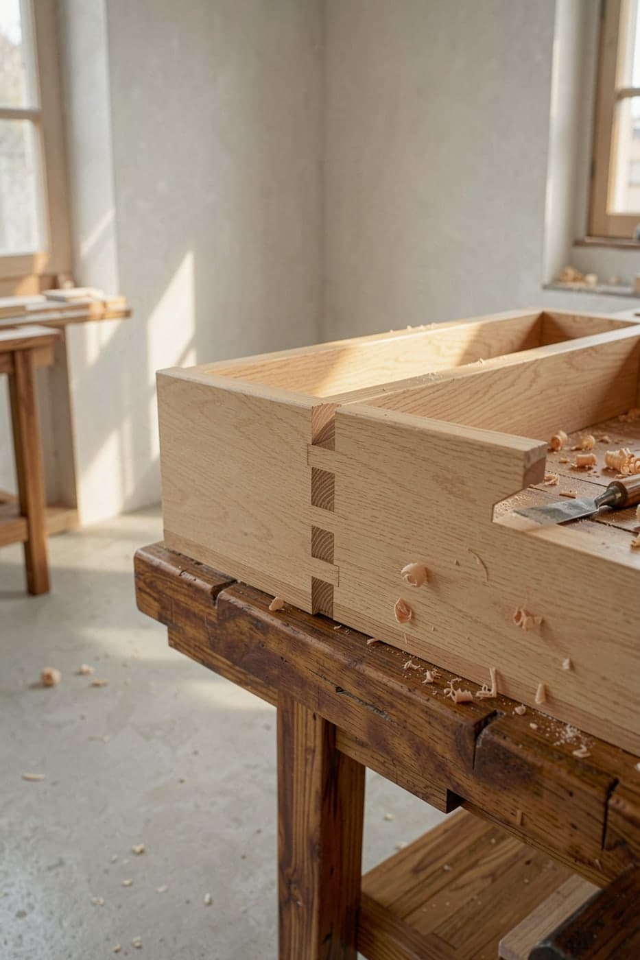 A hand-cut dovetail in oak